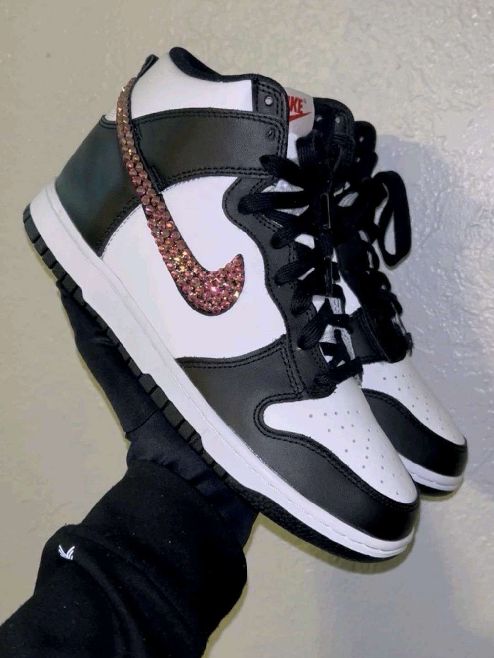 Nike Women’s Black & White High-Top Sneakers with Pink Swarovski Crystal Swoosh